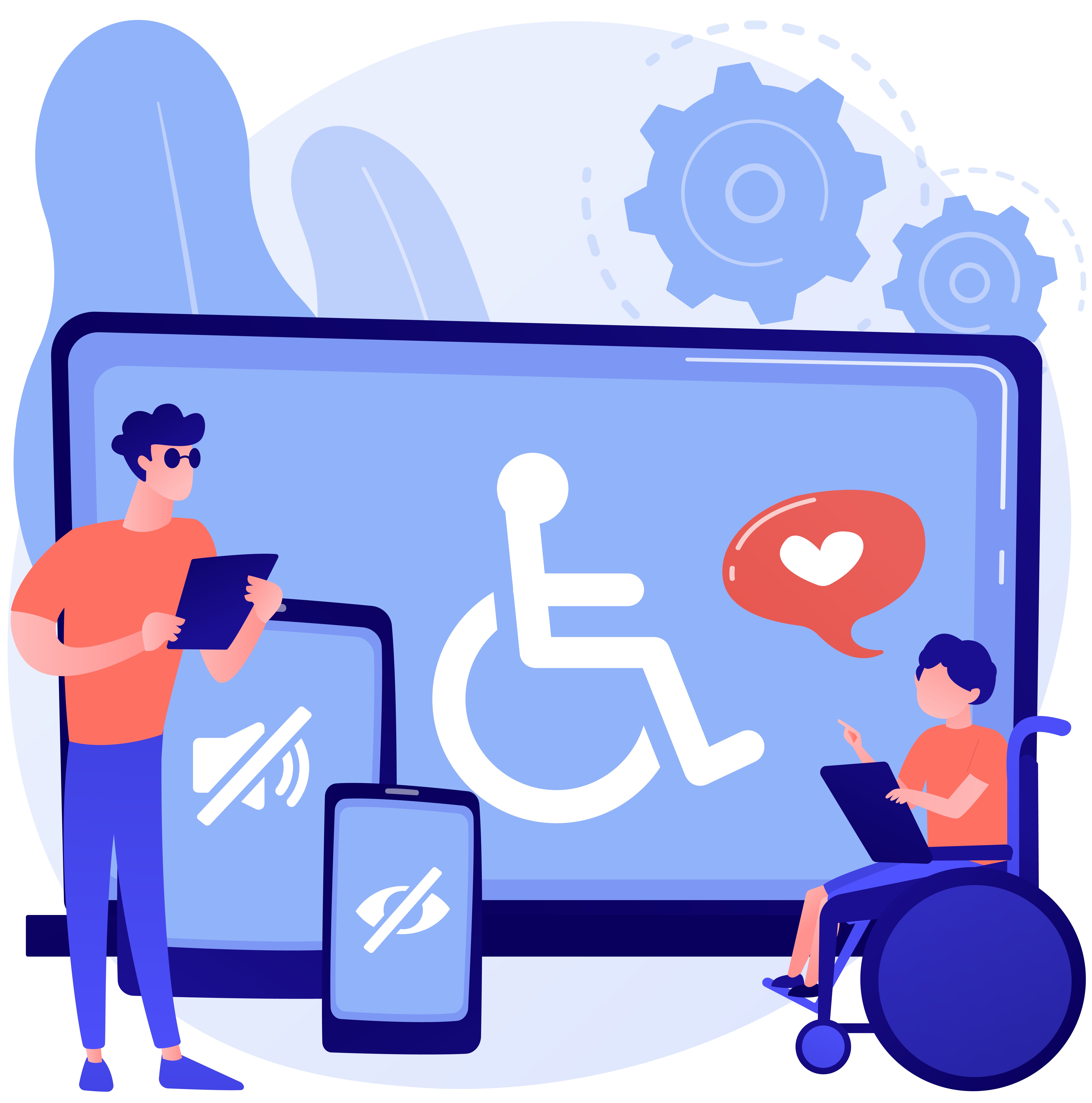 picture of a man and a child on a wheelchair. each of them has a tablet on their hands. behind them, there is a big screen with the accessibility symbol. two mobile phones are depicted, one with the muted audio symbol and the other with the not seeing symbol.